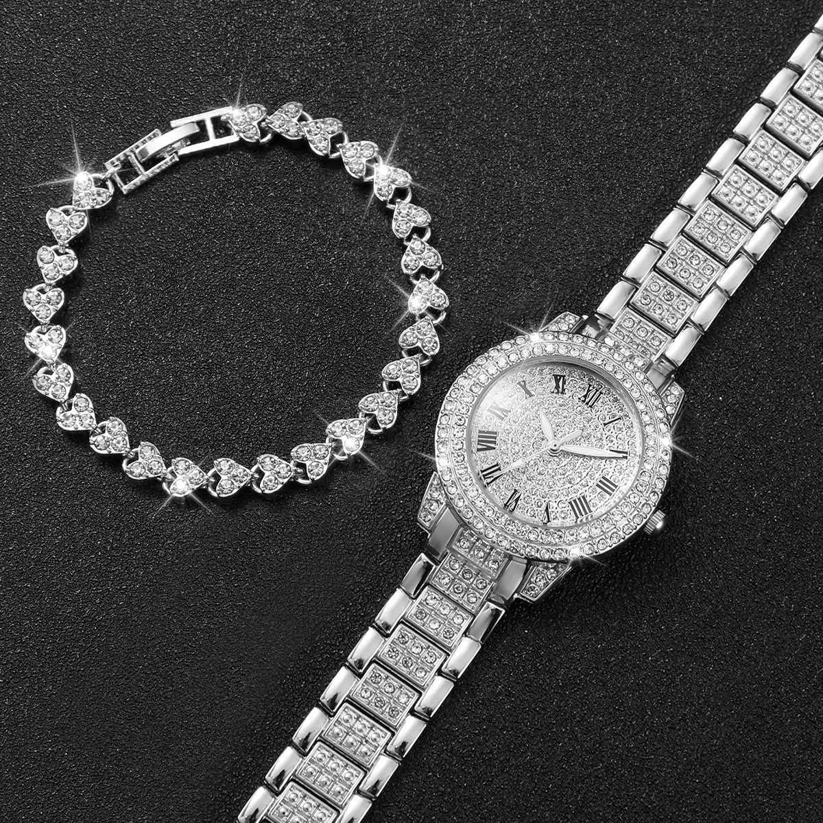 2pcs/set Women Stainless Steel Band Diamond Quartz Watch and Bracelet Set W250724