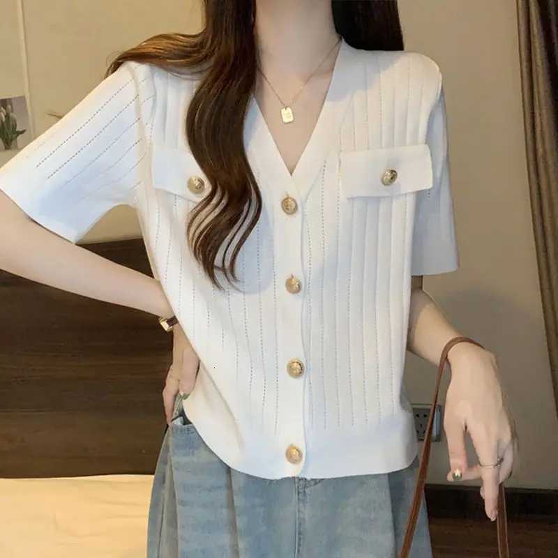 Summer Korean Version Swt V-neck Button Cardigan Women Elegant Fashion False Pocket Short Sleeve Tops Casual Loose Knitwear X250724
