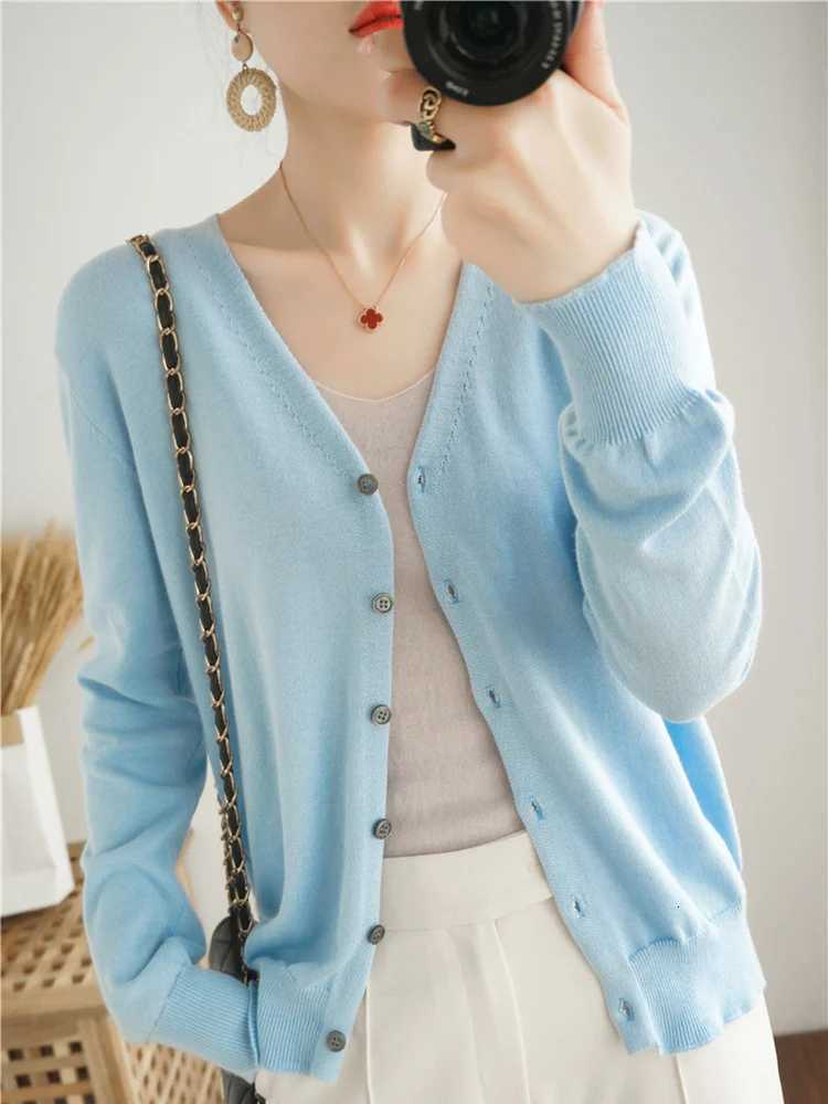 100% Cotton Long Sleeve V-Neck Knitted Cardigan Women Loose Short Solid Color Simple Sun Protection SMY K61 X250724