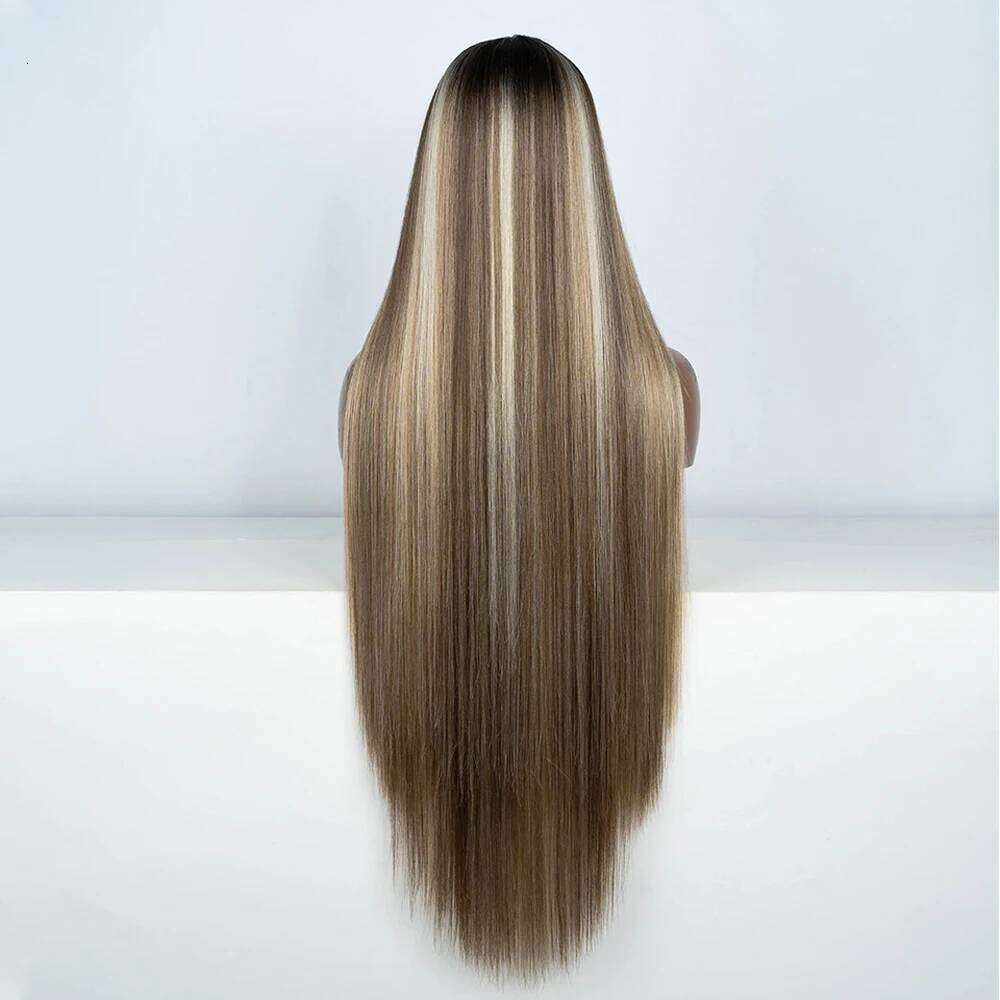 Front Wigs Highlight Brwon Blonde Black For Women Human Hair Long Straight Lace Wig 38Inch Synthetic Heat Resistant Wig
