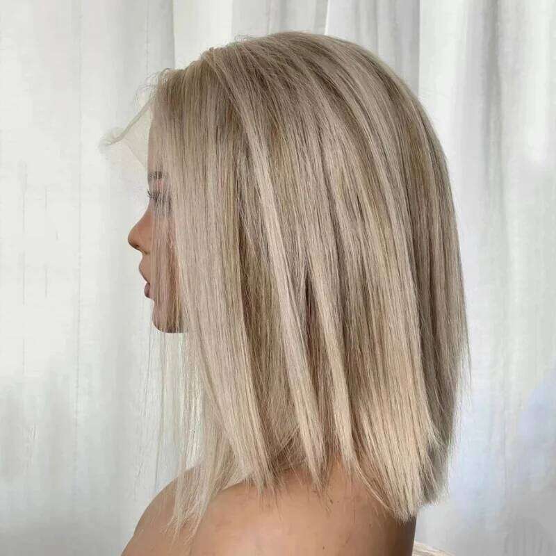 Straight Synthetic Lace Front Natural Preplucked With Free Part Ombre Ash Blonde Short Heat Resistant Fiber Wig