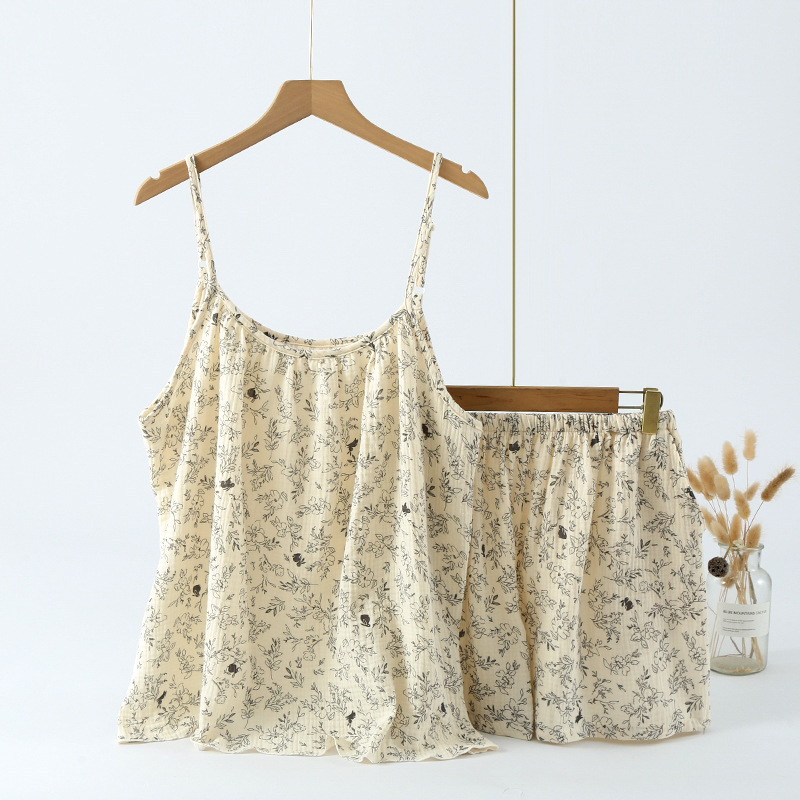 B986-Cotton yarn printed multi-color ladies summer suspenders short-sleeved shorts suit home clothes pajamas