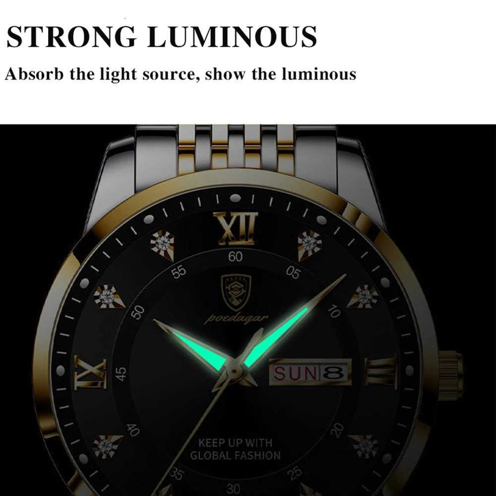 POEDAGAR Men Watches Stainless Steel Push Button Hidden Clasp Week Date Waterproof Luminous Top Brand Luxury Quartz Wristwatch W250724