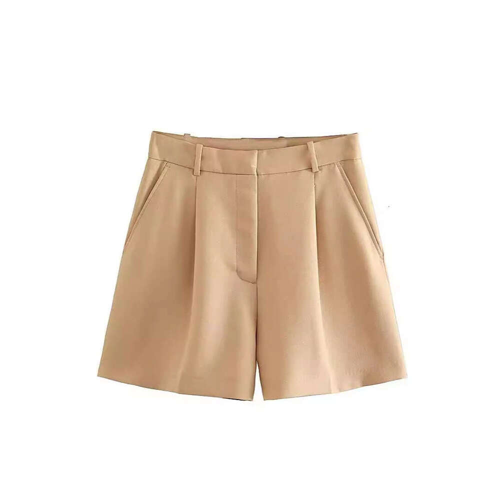 TRAFZA Spring Summer New Women's Versatile High Waist Solid Color Pleated Wide Leg Casual Shorts B5