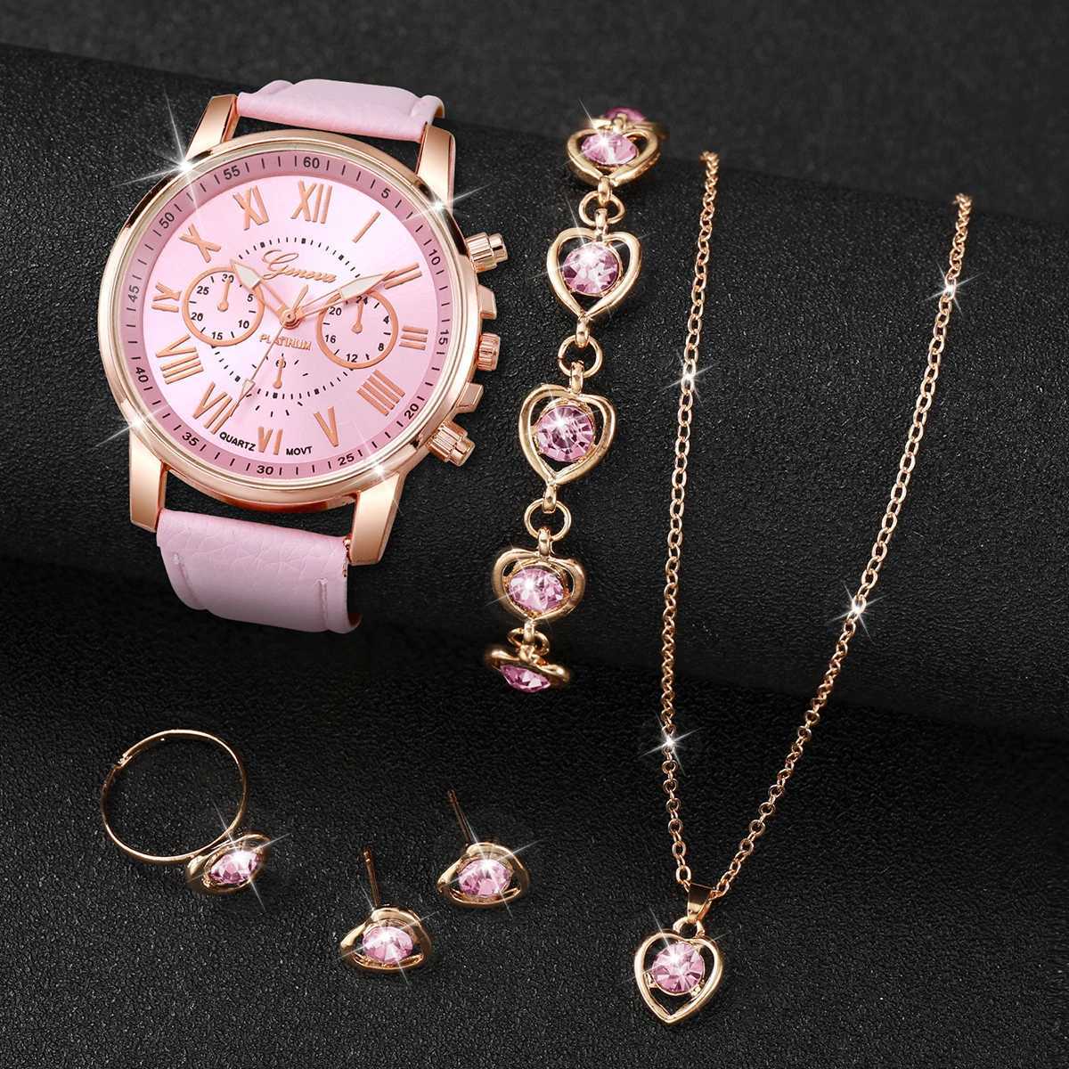 5PCS/Set Fashion Women Watch Rhinestone Heart Jewelry Set Geneva Watch Casual Leather Band Quartz Wristwatch (Without Box) W250724