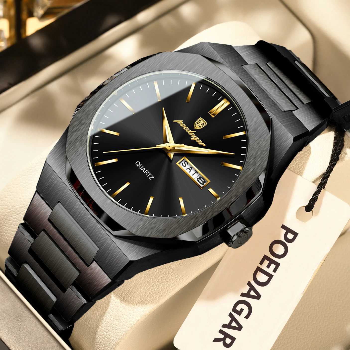 POEDAGAR Fashion Brand Mens Watch Waterproof Luminous Stainless Steel Watches For Men Date Week Casual Quartz Mens Clock Reloj W250724