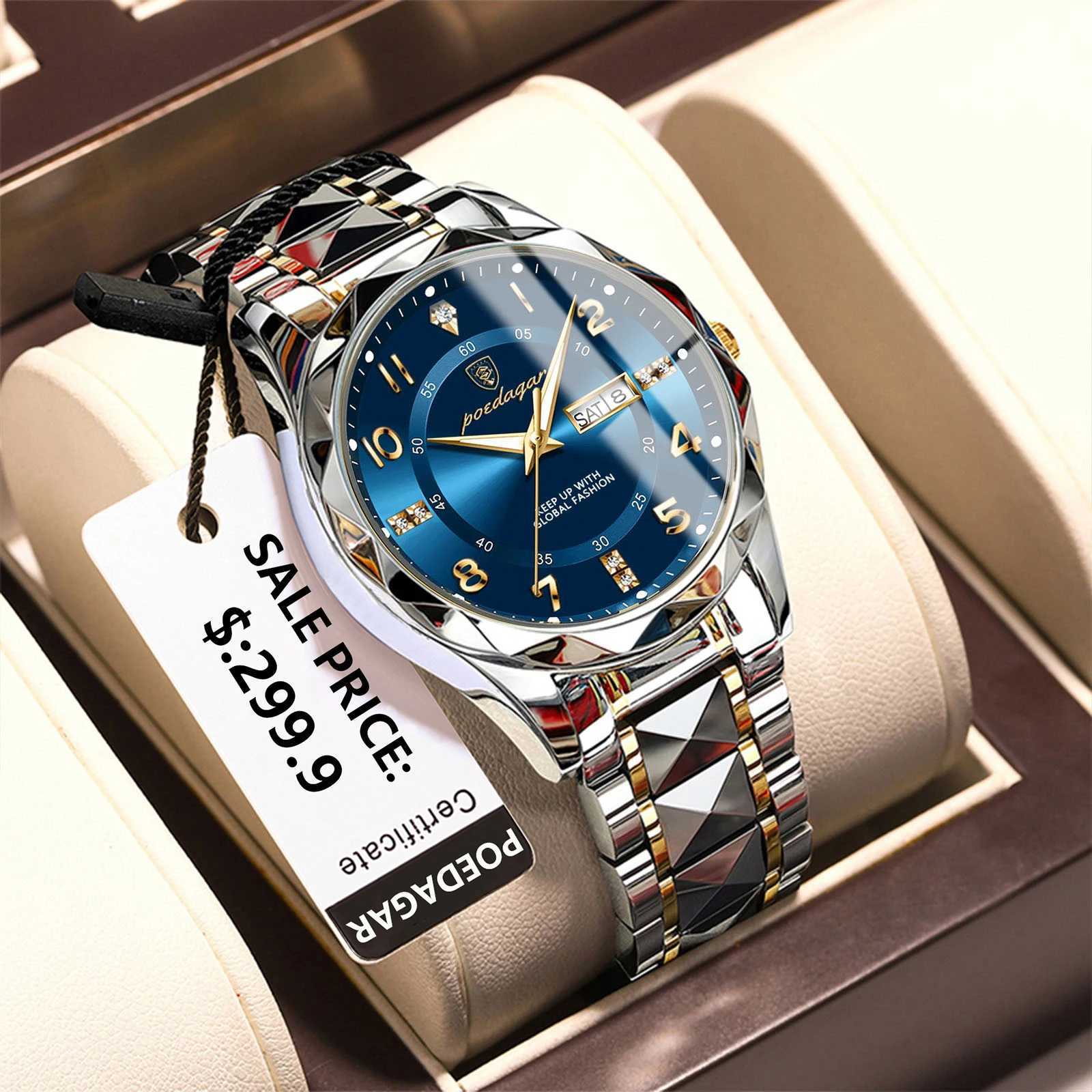 POEDAGAR Luxury Fashion Men Quartz Watch Waterproof Date Week Luminous Wristwatch Stainless Steel Mens Watches Sport Male Watch W250724