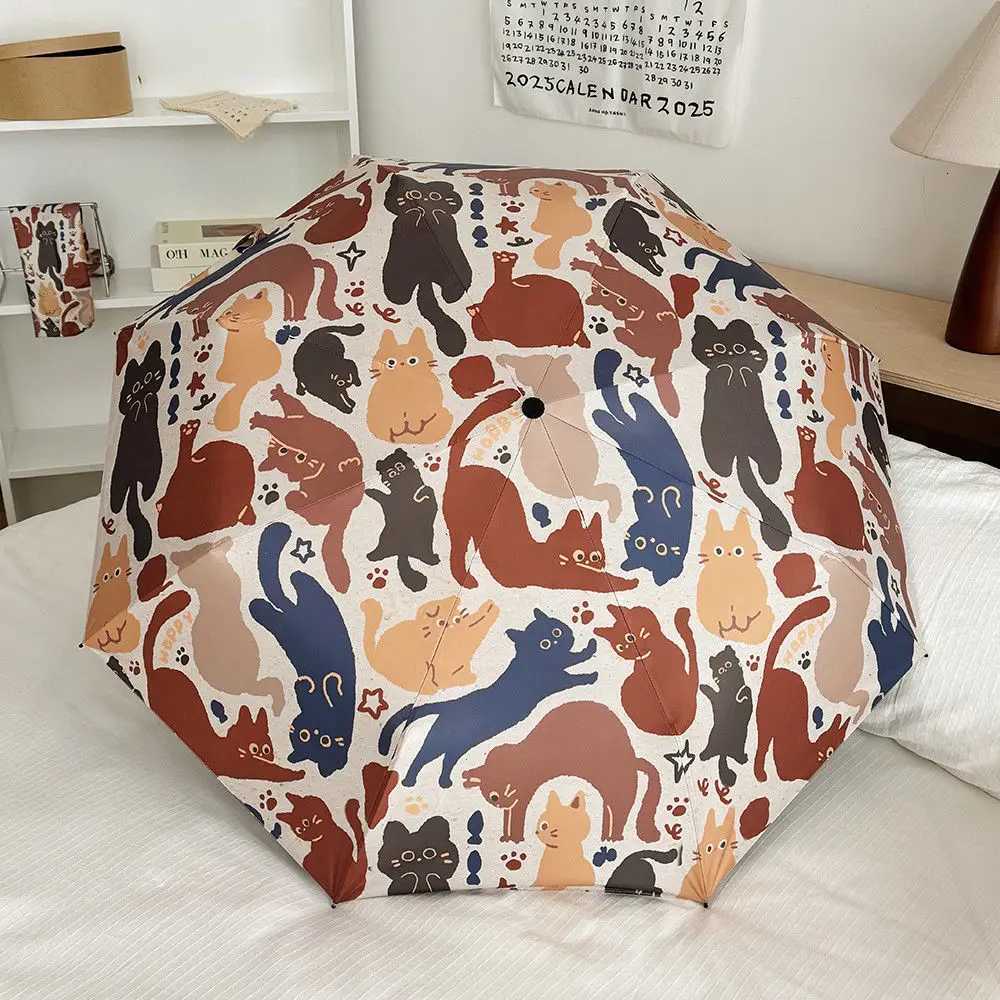 Fully Automatic Graffiti Ins Cat Folding Sun and Rain Dual-purpose Umbrella Sun Protection Portable Small Sun Umbrella Student R250724