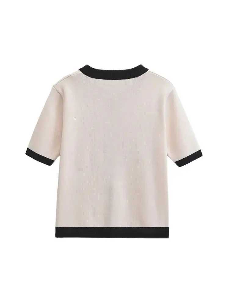 TRZA Womens Patchwork Knit Cardigan Sweater O-Neck Short Sleeve Button-Up Chic Fashion Outerwear Top X250724