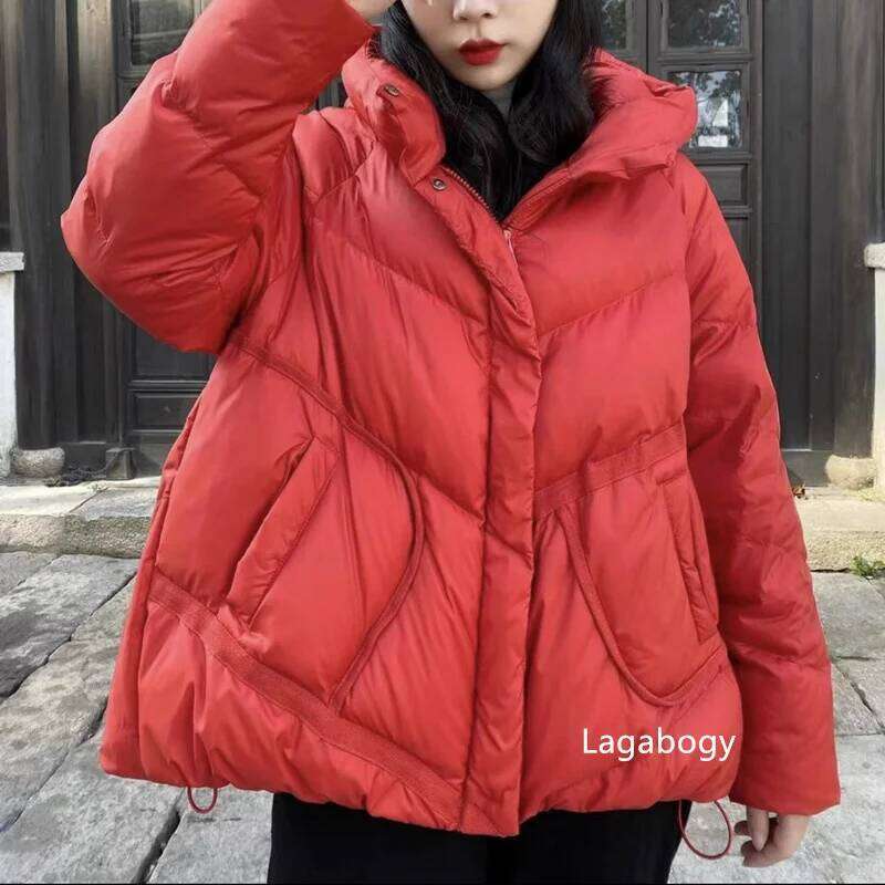 Lagabogy 2025 Hooded Puffer Jacket Women Winter Thickened White Duck Down Warm Bread Coat Female Loose Versatile Casual Outwear