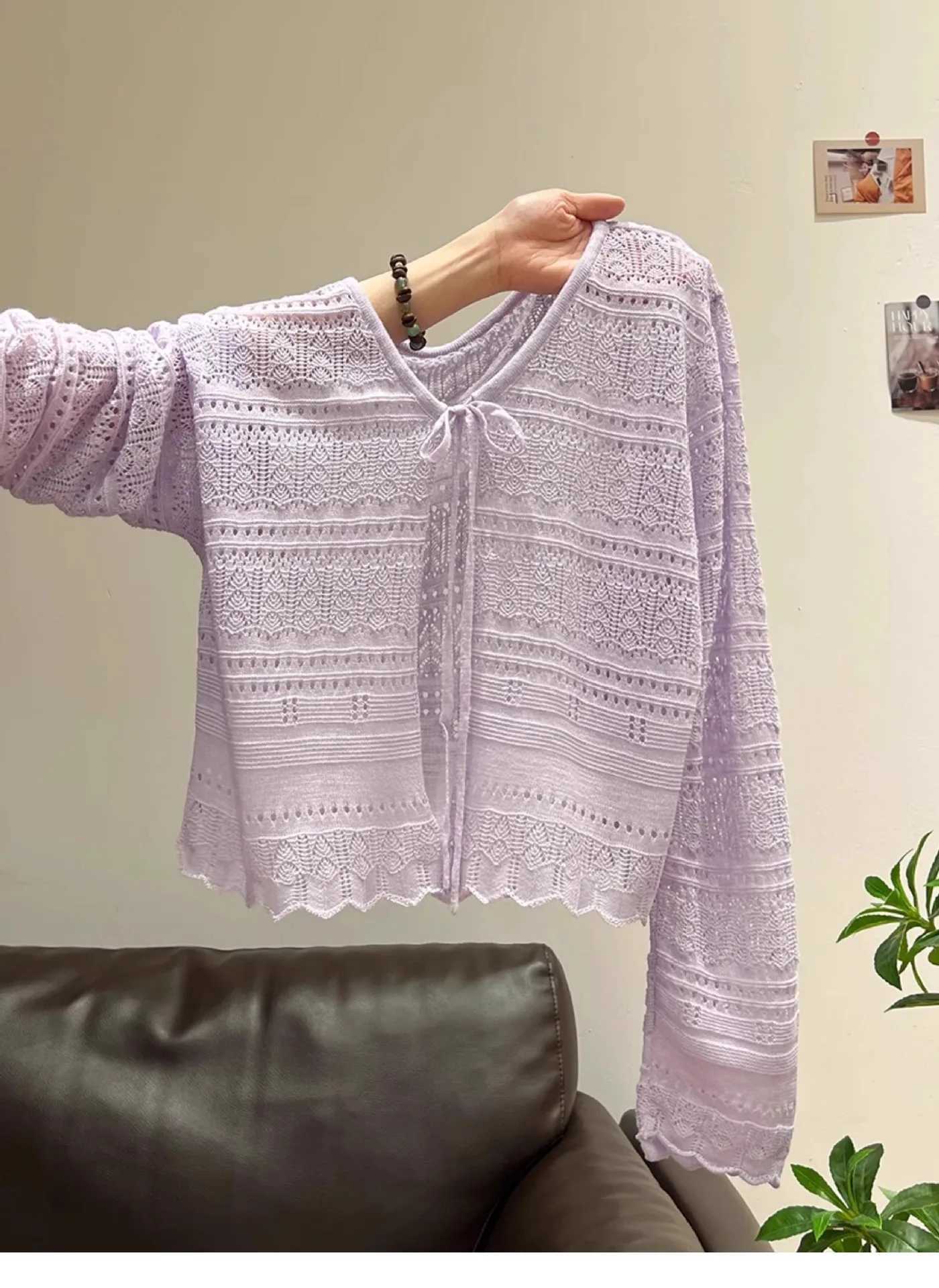 Summer Sunscreen Knitted Shirt Women V-neck Long Sleeve Lace Up Knitting Coat Casual Fashion Female Thin Sunproof Cardigan X250724