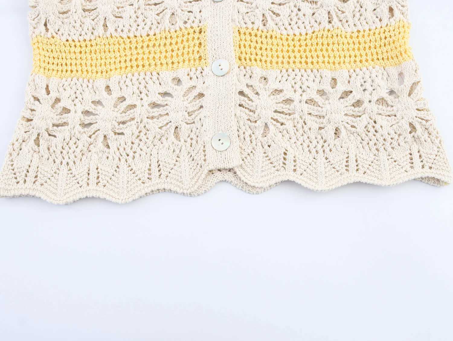 MYST ZA2025 new summer womens casual fashion simple striped jacquard mesh hollow lapel short-sleeve knitted cropped top X250724