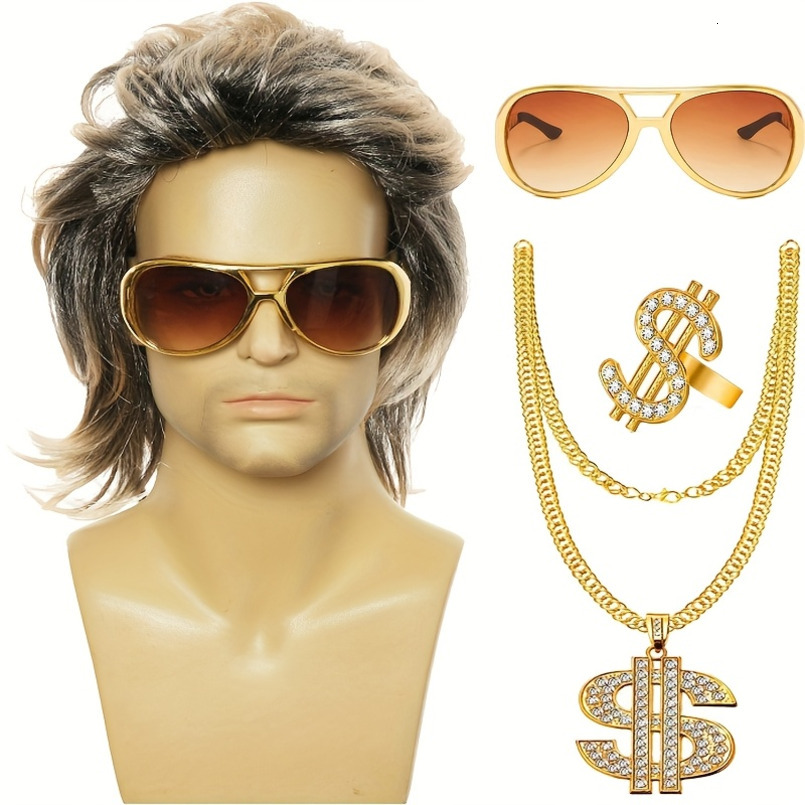 Punk Rock Hip Hop Trend, Dollar Ring, Necklace, Glasses Four-Piece Set, Fashion Wig, Disco Style, Parties, Dance, Suitable for All Genders, Beige, Fes