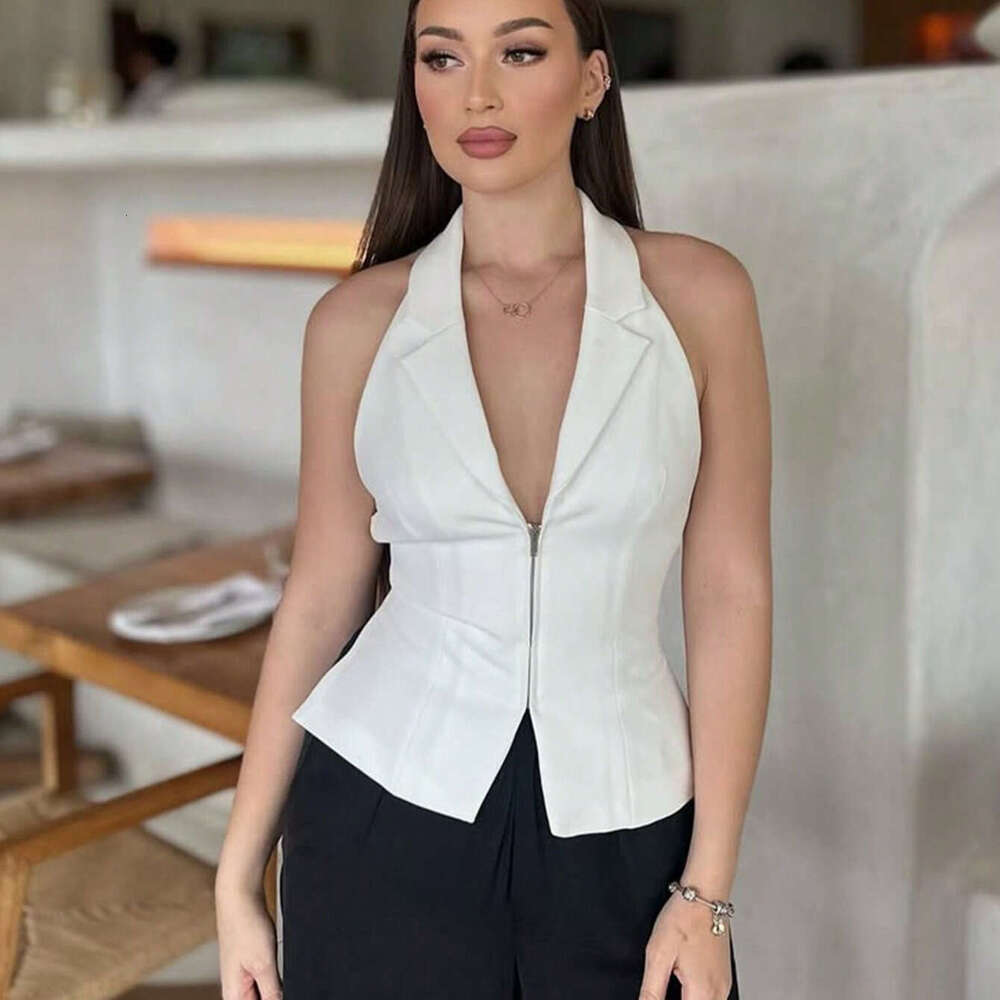 TRAFZA Women's Summer New Backless Buckle Slim Fit V-Neck Halter Tank Top B5 b6