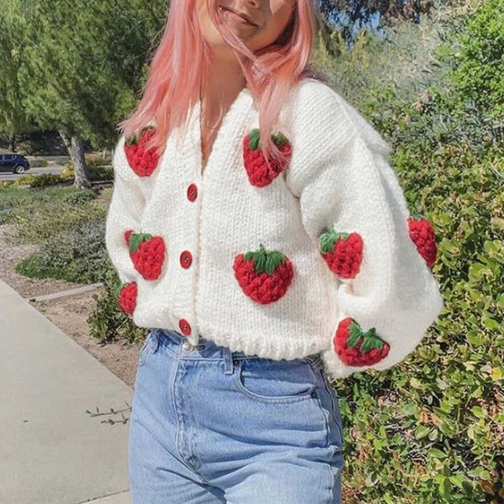 3D Strawberry Embroidery V-neck Lantern Long Sleeve Knitted Cardigan Coat for Women Y2K Single-breasted Knitwear Jacket X250724