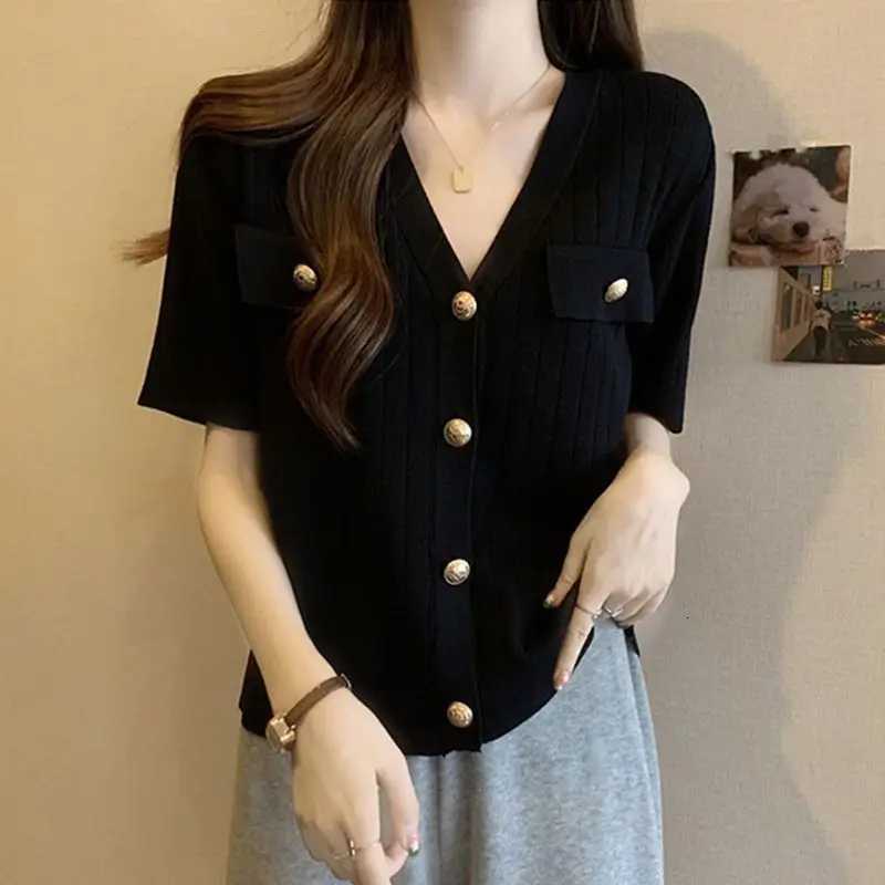 Summer Korean Version Swt V-neck Button Cardigan Women Elegant Fashion False Pocket Short Sleeve Tops Casual Loose Knitwear X250724