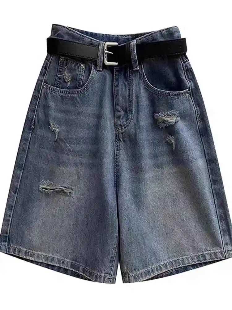 S-4XL Holes Women Short Denim Pants 2025 New High Waist Summer Wide Leg Pants Zipper Fly Casual Female Jeans Shorts Z250724