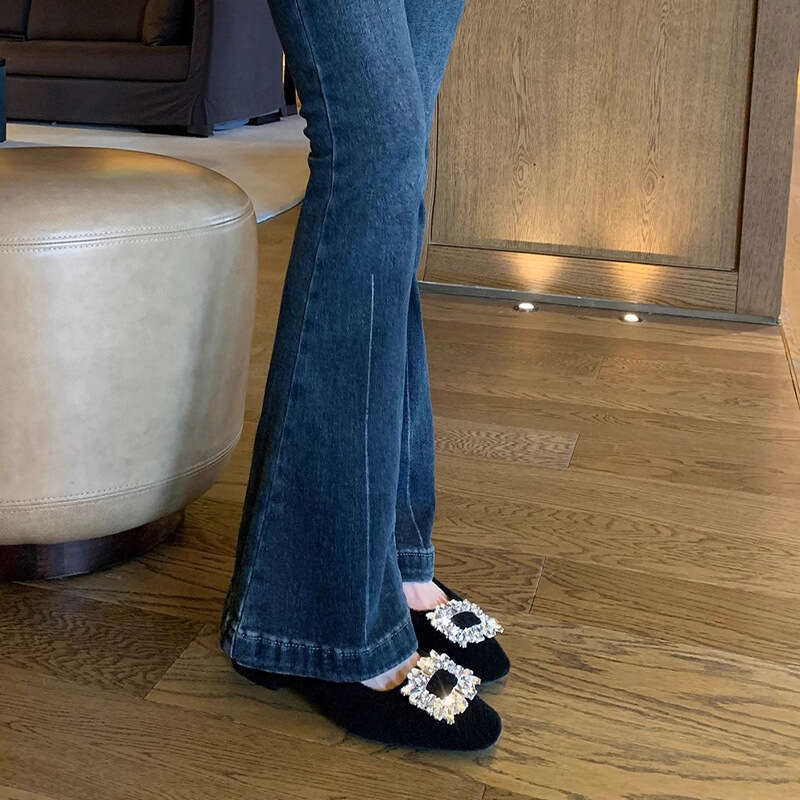 Designer Single Shoes Women, Suede Niche Shiny Square Buckle Korean Women's Boots, Socialite Style Mary Jane High Heels for Women
