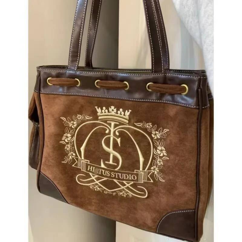 JIAERDI Retro Flower Letter Print Beige Shoulder Bags Women Crown Embroidered Large Capacity Tote Bag Female Vintage Y2k Handbag high-quality