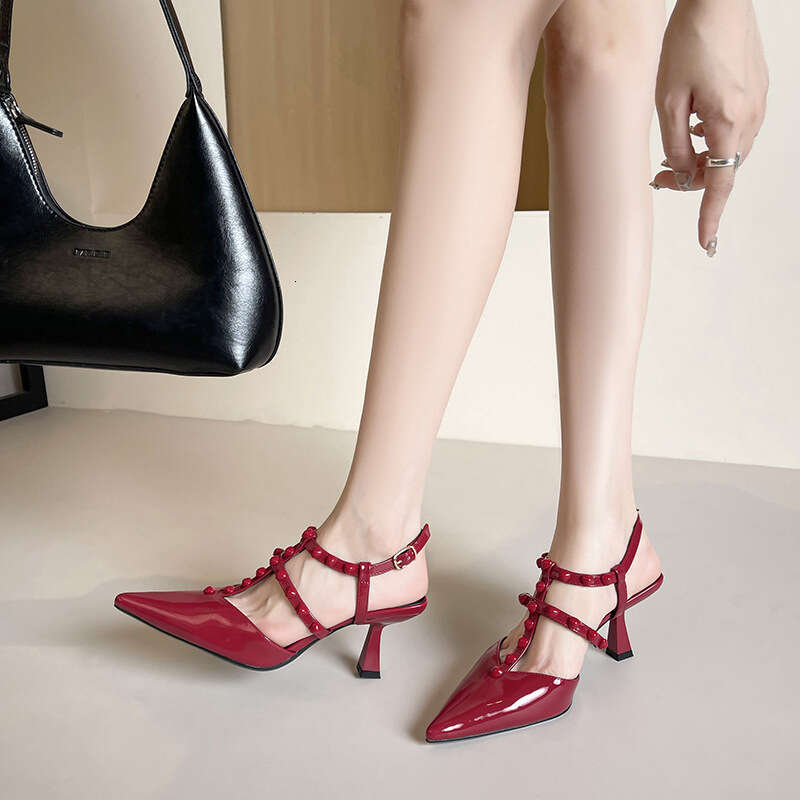 2025 Summer French Fashion Rivet High Heels Sexy Patent Leather One-Strap Pointed Toe Sandals Single Shoes