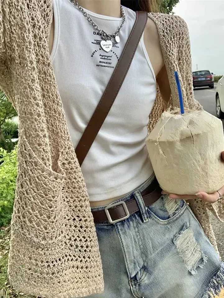 Women Hollow Out Knitted Cardigan Sweaters Autumn Simple Lazy Wind Long Sleeve Outerwear Boho Sun Proof Holiday Lady Coat Tops X250724