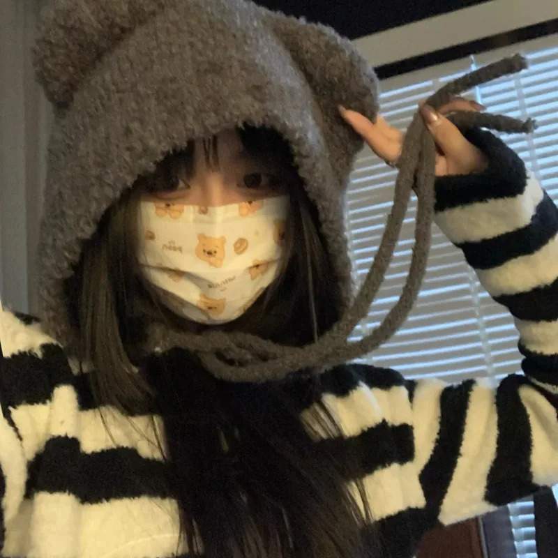 Cute Bear Ear Wool Hat Autumn and Winter Warm Versatile Lace-up Ear Protection Knitted Bomber Cap Bonnets for Women Gorros 250722