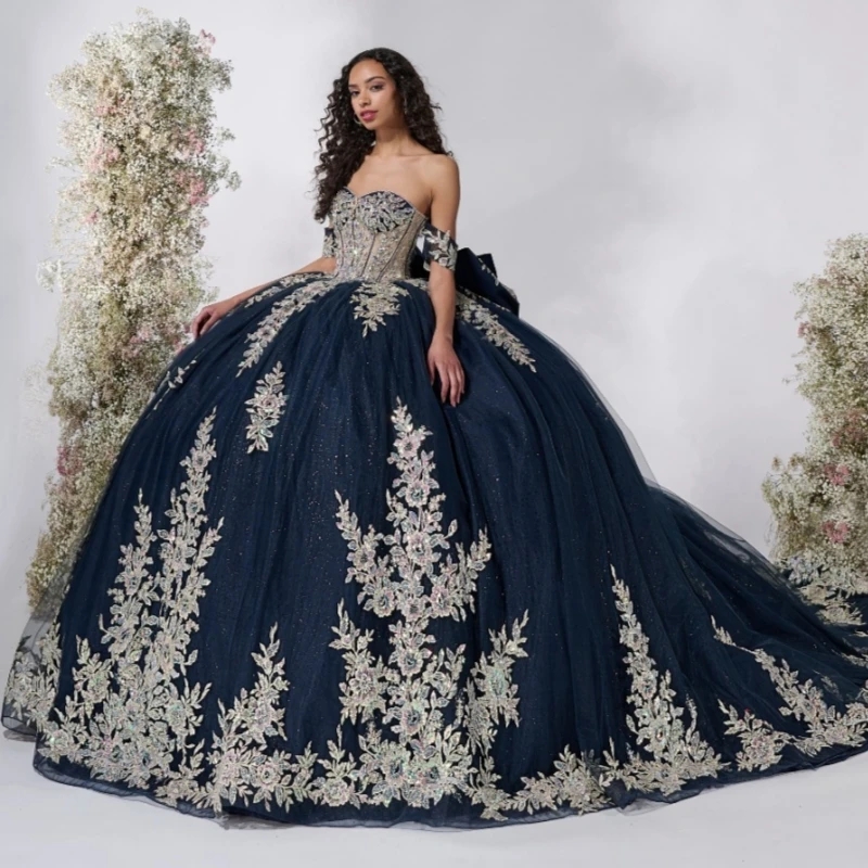 Navy Blue Shiny Quinceanera Dresses Off Shoulder Ball Gown Sweet 16 Dress Applique Lace Beads Bow Tull Birthday Party Vestidos 15 Anos