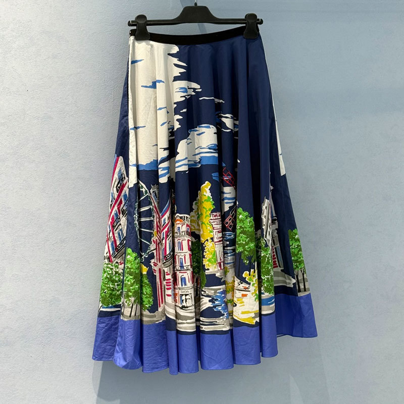 Ladies Silk-Cotton City Print Skirt Designer High Waist Midi Skirt Fashion Runway Geometric Print Y2K Luxury Urban Chic Clothing S0758