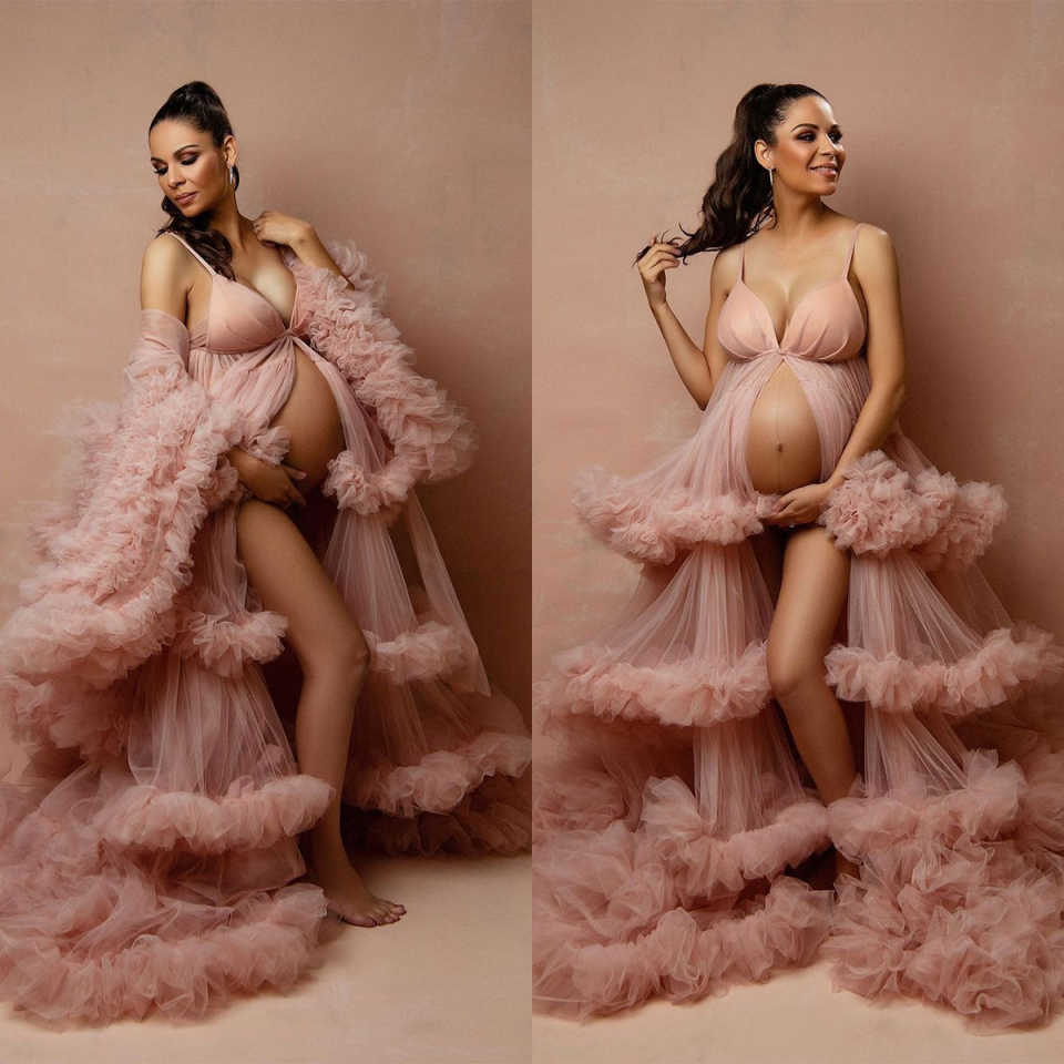 Pregnant Women Prom Dress Pink Sleeveless Dresses Ruffles Photography Props Baby Showers Pregnant Gown