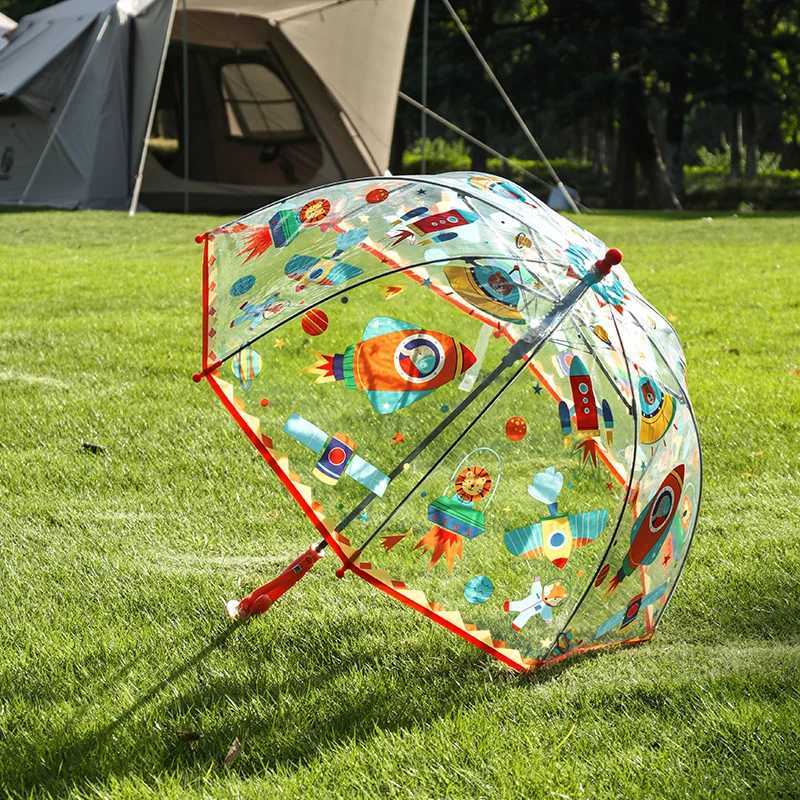 Transparent Childrens Umbrella Cartoon Fire Tru Dinosaur Long Handle Baby Nursery Princ Umbrella for Boys and Girls R250724
