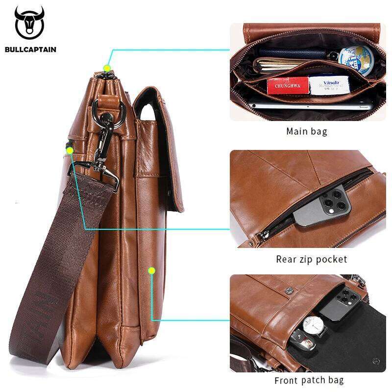 BULLCAPTAIN Men's Genuine Leather Crossbody Large Capacity Multifunctional Top Layer Cowhide Shoulder Fashion Man Bag