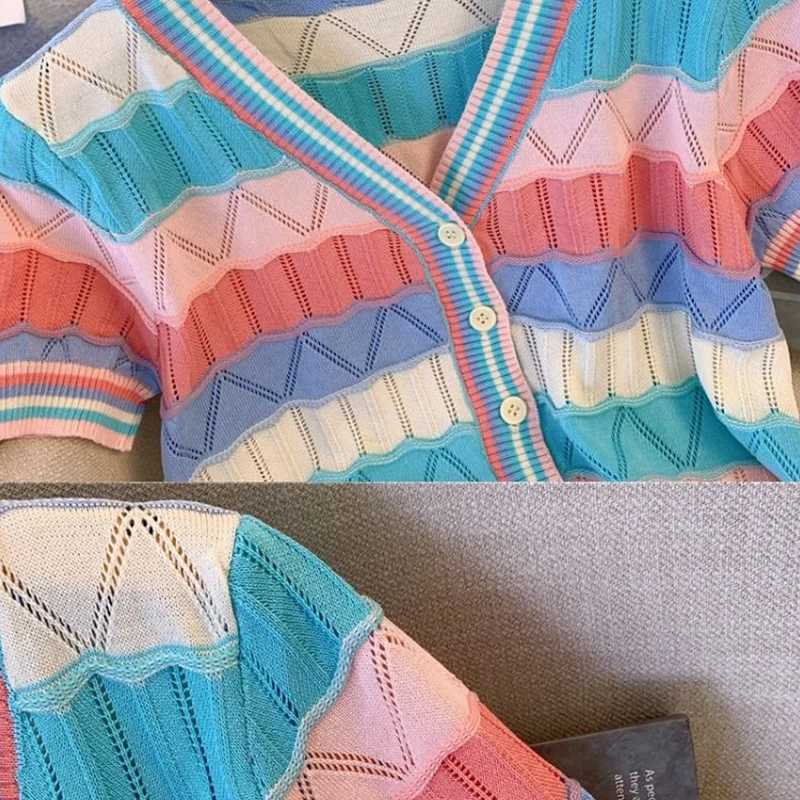 2025 New Vintage Striped Multicolor Short Sleeve Cardigan Summer Hollow Out Knitting Temperament Trend Sexy V-neck T-shirts Tops X250724