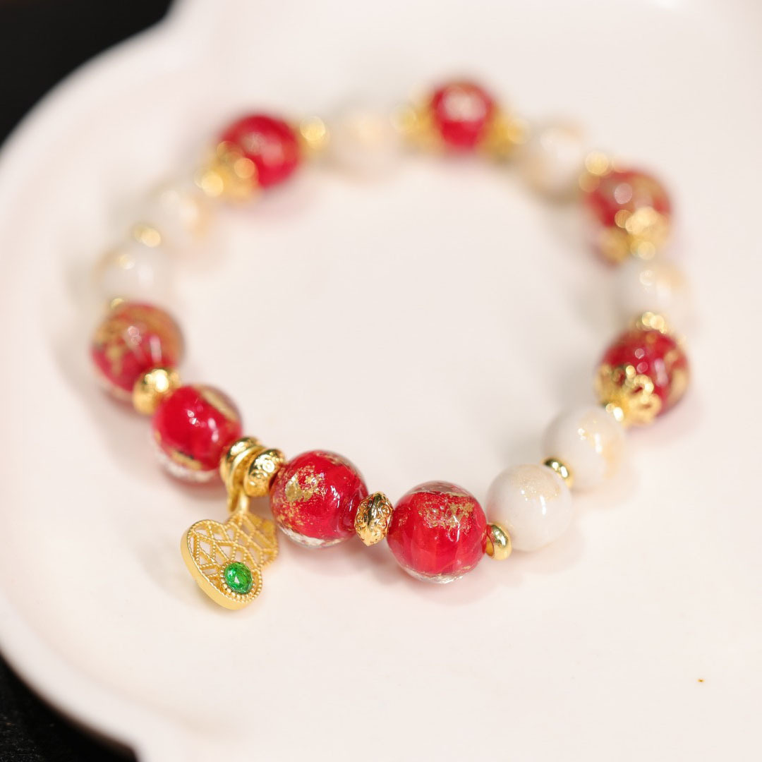 Elegant Versatile Chinese Style Gold Foil Ash glazed Glass Beaded Bracelet for Women Multicolored Treasures Mascot inspired with Imperial Ethnic Flair
