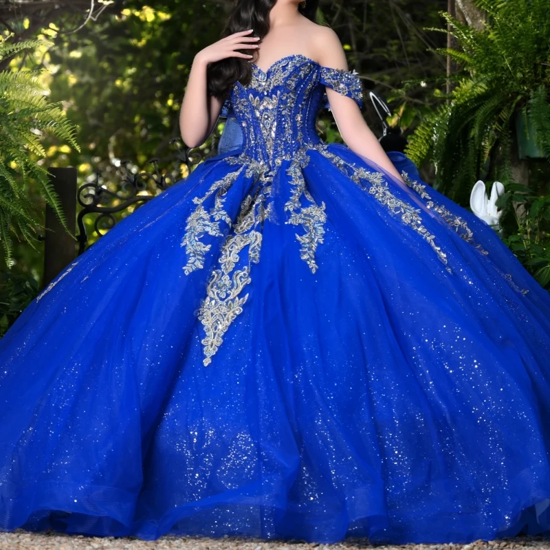 Royal Blue Shiny Quinceanera Dresses Off Shoulder Ball Gown Sweet 16 Dress Applique Lace Beading Crystal Bow Tull Birthday Party Vestidos 15 De Anos