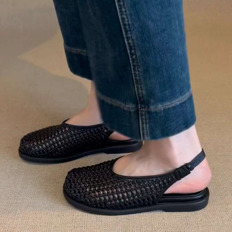 Heel Sandals Sandals Shoes Women Heels New Handmade Woven Hollow Sandals For Women Round Toe Flat Slip On Back Strap Roman Shoes