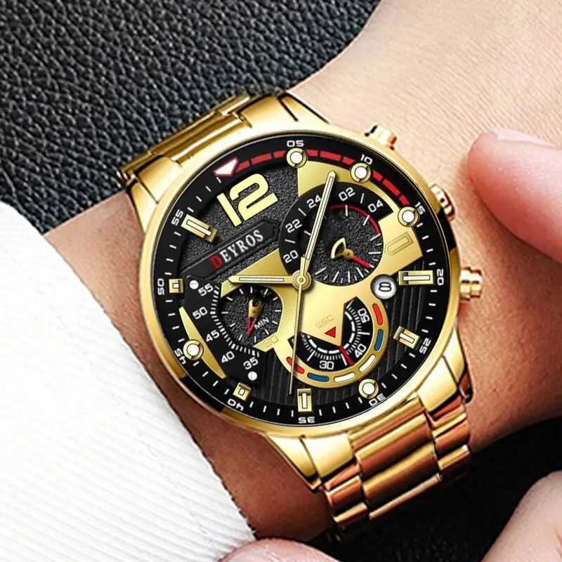 3PCS Set Fashion Mens Business Watches Male Casual Stainless Steel Quartz Wristwatch Men Gold Necklace Bracelet Wrist Watch W250724