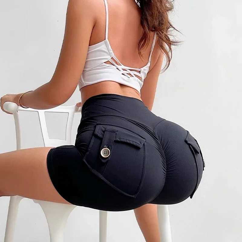 Summer High Waist Peach Hip Seamless Fitness Shorts with Pockets Womens Tight Sports Running Training Dance Hip Womens Shorts XJ250724