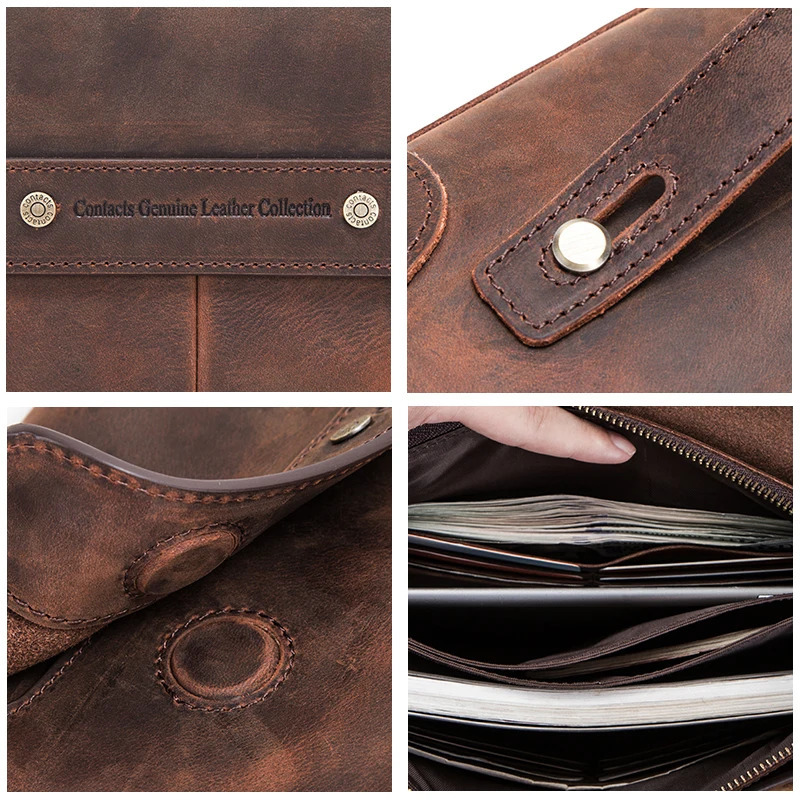 CONTACTS Men Clutch Bags Large Capacity Men Wallets Crazy Horse Leather Long Purse Male Multifunction Wallet Passport Cover 250723