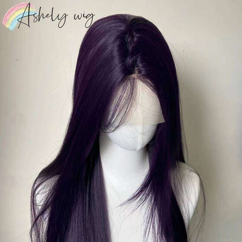 Dark Wig Long Straight Human Hair Purple Synthetic Front For Woman Daily Use Heat Resistant Fiber Glueless Lace Wigs