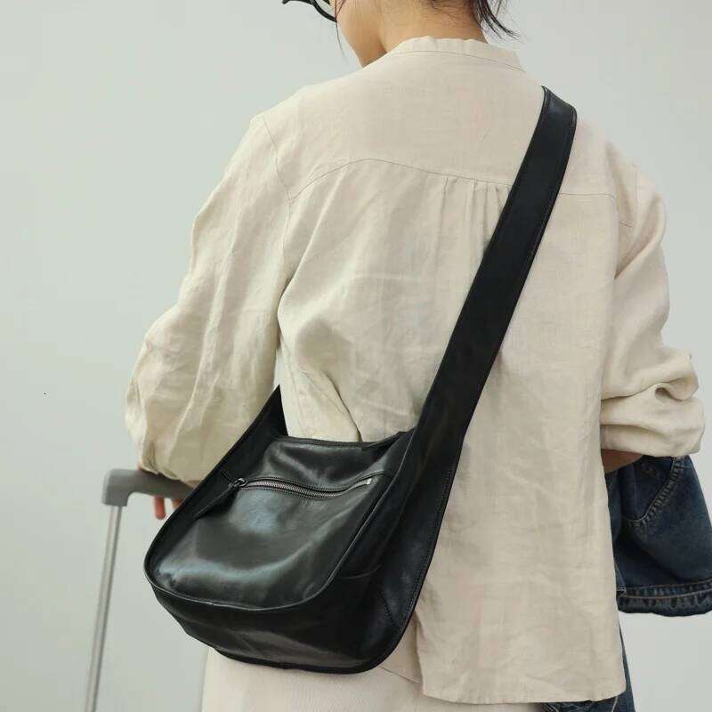 Women's Soft Genuine Leather Crossbody Bags Wide Shoulder Strap Zipper Shoudler Bag Suitable For Commuting And Short Traveling