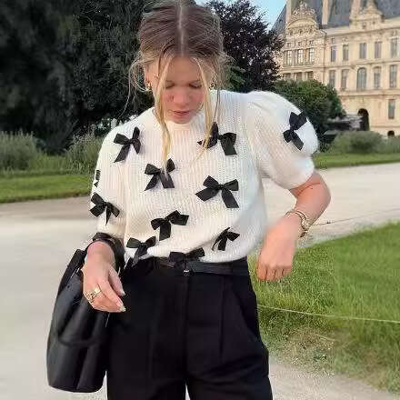 TRAFZA Women's Winter New Street Fashion Bowknot Short Sleeve Solid Color T-Shirt Sweater B5