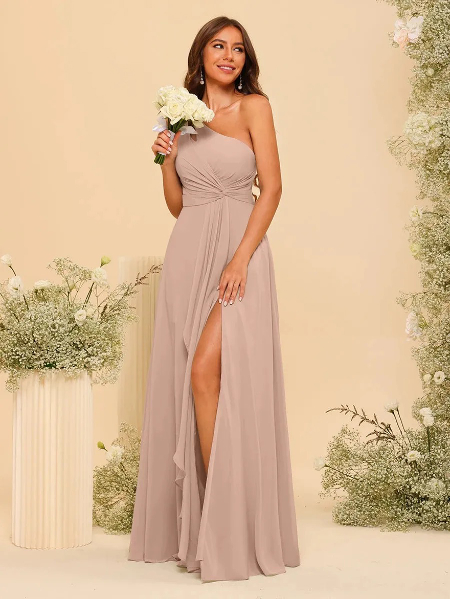 Mint Simple Chiffon A Line Bridesmaid Dresses Elegant One Shoulder With Hole Floor Length Maid Of Honor Gowns Pleated Sexy Side Split Long Wedding Gue