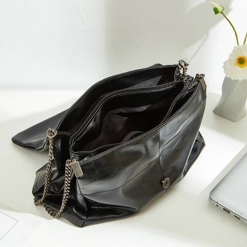 Women's Fashion Metal Chain Shoulder Crossbody Simple Pu Sewing Solid Color Flip Messenger Bag, Classic Busine