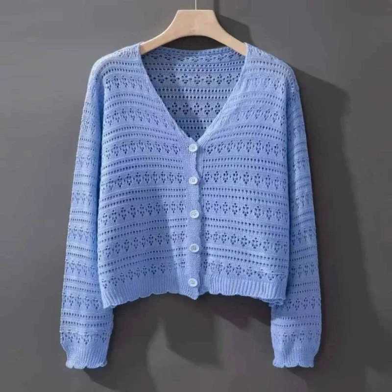2025 Summer Womens Hollow Out Sunscreen Cardigan Fashion Long Sleeve Thin Tops Female Solid Single Breasted Knit Sweater X250724