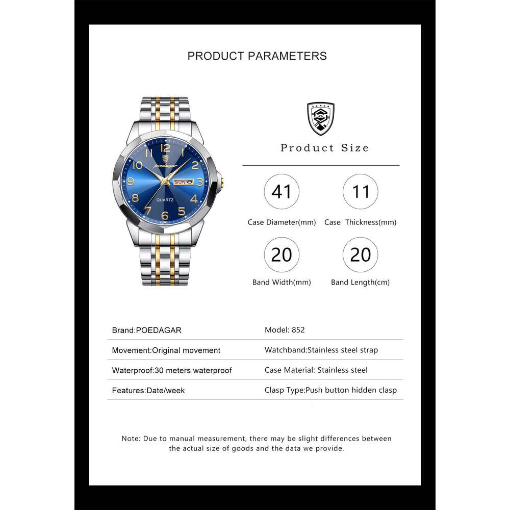 DHgargets POEDAGAR Men Watch Sport Waterproof Luminous Date Week Quartz Men's Watches Business Stainless Steel Male Clock Reloj
