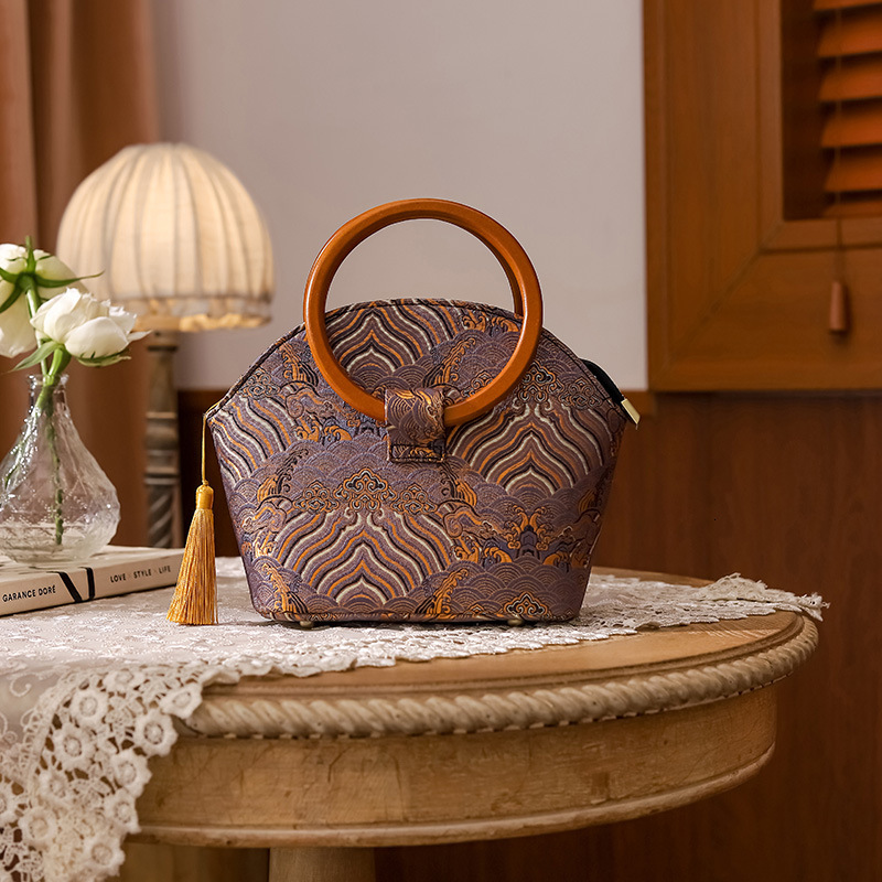 Designer Wooden Handle Round Shell Cheongsam Hanfu Ancient Style Cloud Print Zipper Tassel Handbag Light Luxury Women's Bag