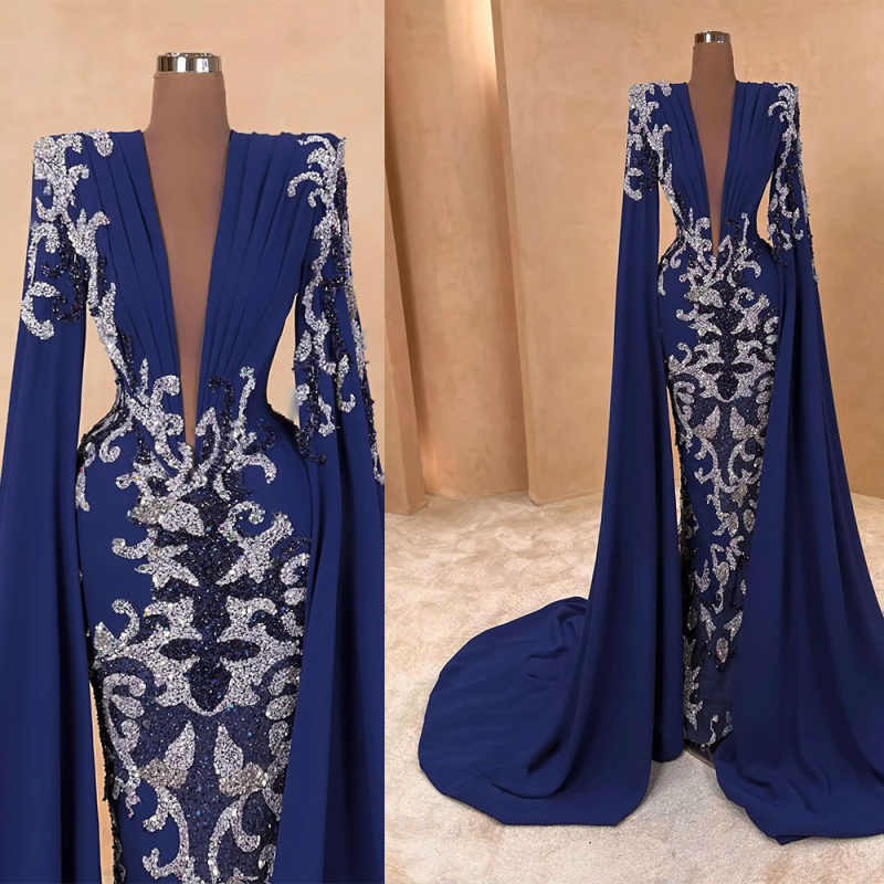 Blue Mermaid Prom Dress Sequined Lace Crystals Deep V Neck Evening Formal Party Second Reception Birthday Customized