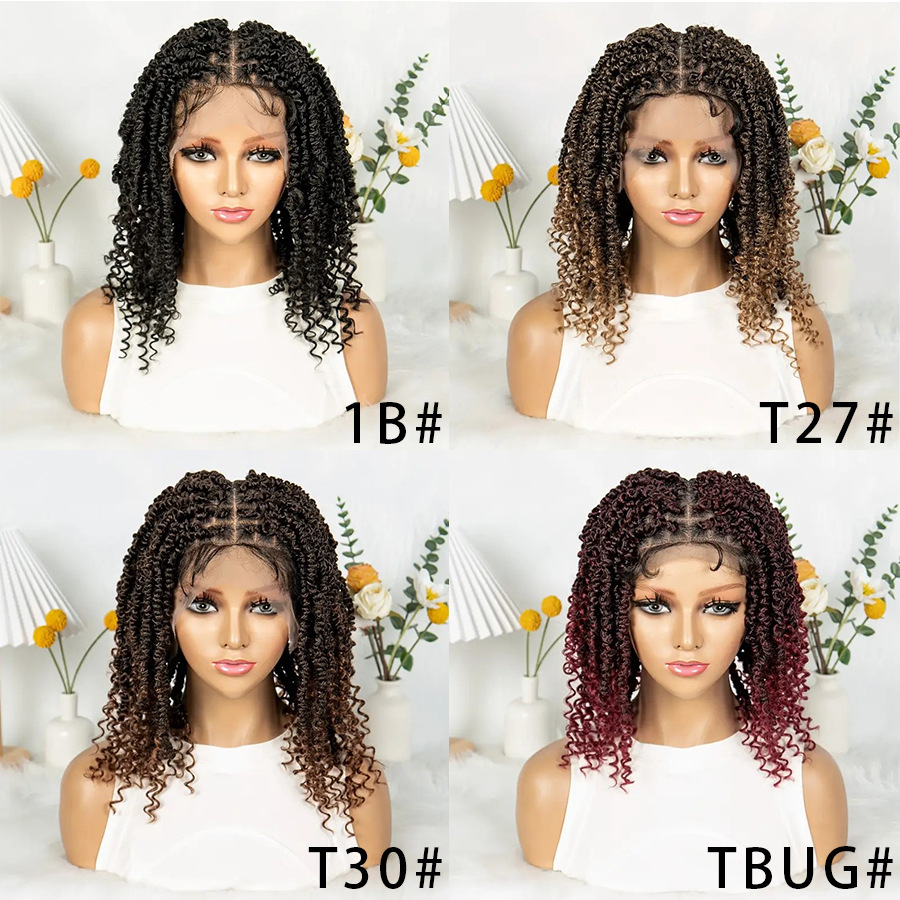 10 Inch Braids Wig Omber Blonde Look Like Human Bohemian Boho Wigs Braided Full Lace Front Wig Short Twist Braids Wig with Baby Hair Handmade Kinky Cu