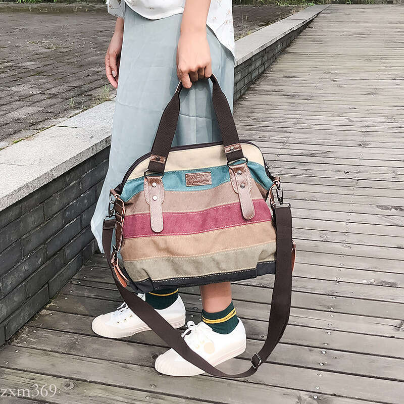 2024 New Canvas Handbag Women Rainbow Stitching Large Capacity Crossbody Shoulder Bag