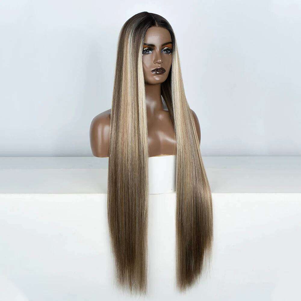 Front Wigs Highlight Brwon Blonde Black For Women Human Hair Long Straight Lace Wig 38Inch Synthetic Heat Resistant Wig